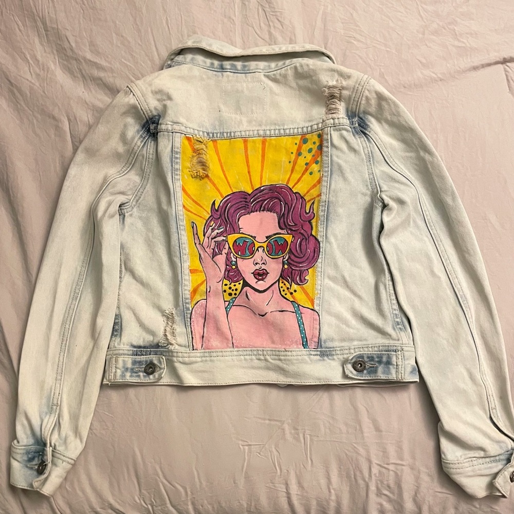 Acid Blue Denim Jacket with Unique Pop Art - FB Sisters XS